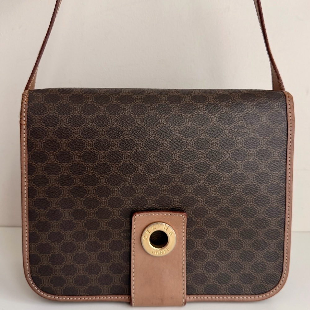 Celine Brown Monogram Crossbody Bag with Tan Trim